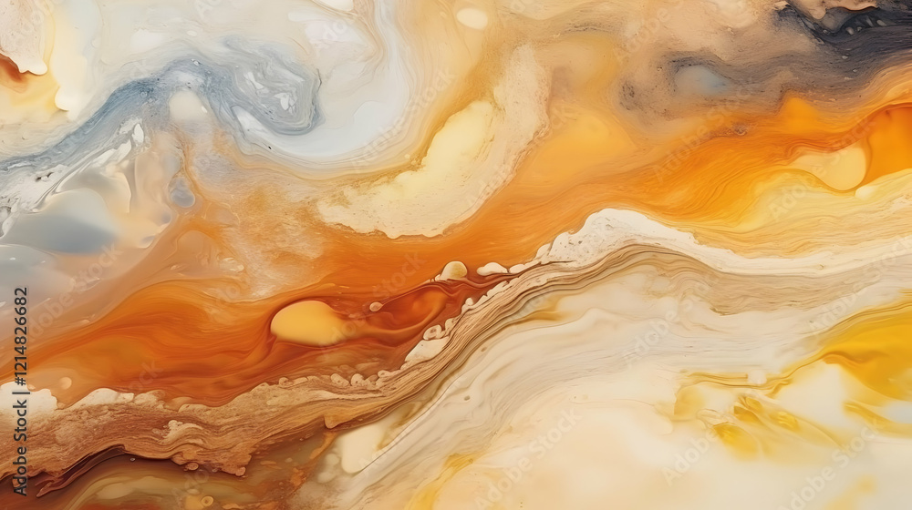 Poster abstract fluid art background with orange, gray and white wavy patterns creates a mesmerizing visual