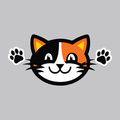 A cheerful flat vector illustration of a calico cat's face with paw prints, featuring a playful and colorful design with black, orange, and white details. Perfect for pet-themed logos and illustration