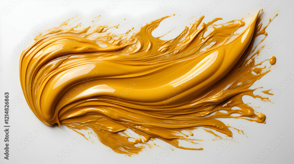 Poster golden yellow paint swirls dynamically across a white canvas background