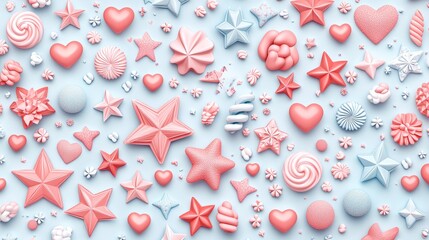 Fototapeta premium A vibrant collection of pastel-themed decorative shapes including stars, hearts, and swirls ideal for crafting, design, or festive occasions.