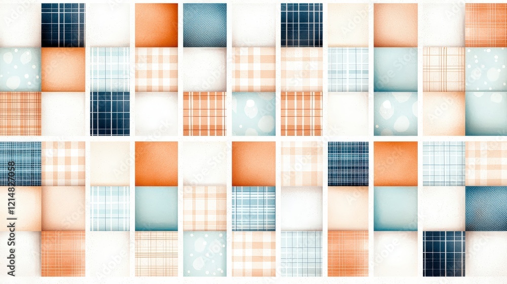 Poster a vibrant composition of interchanging patterned squares, showcasing a blend of colors and textures,