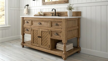 Fototapeta premium A handcrafted wooden vanity featuring intricate grain patterns sits against the backdrop of whitewashed shiplap adorned with vintagestyle hardware that adds a touch of refined