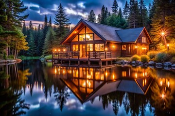Obraz premium Cozy Lakeside Cabin Countdown: Intimate New Year's Eve Getaway with Glowing Candles and Stunning Water Reflections