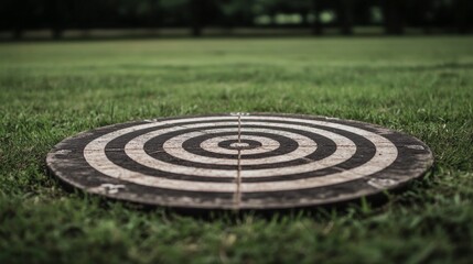 Obraz premium Outdoor dartboard on green grass, aiming concept.