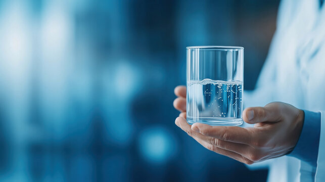A scientist presents groundbreaking research in microbiology, holding a glass of water in a modern laboratory, showcasing innovative microplastic research in drinking water, and scientific study.