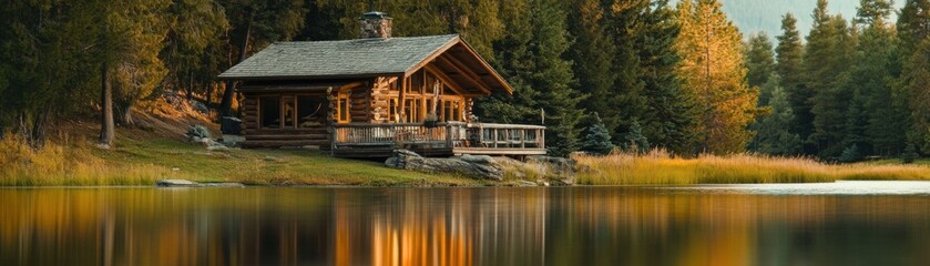 Obraz premium Cozy cabin by a tranquil lake surrounded by autumn trees.