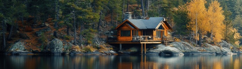 Obraz premium Cozy cabin by a tranquil lake surrounded by vibrant autumn foliage.