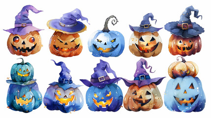Obraz premium Watercolor Halloween Pumpkins Wear Witch Hats, Spooky and Festive Delight