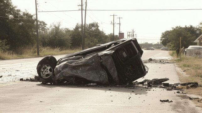 Overturned wrecked vehicle on road.