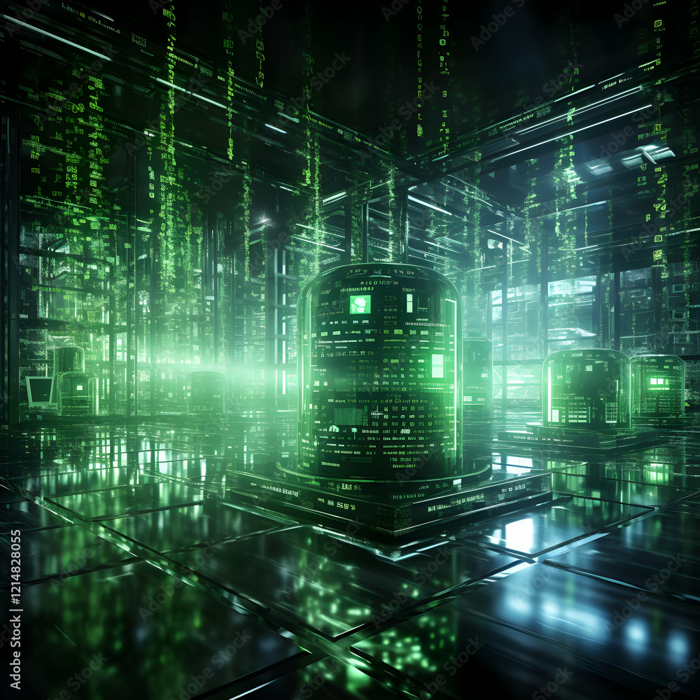 Poster futuristic server room displays green binary code in 3d illustration