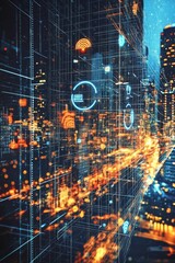 A futuristic cityscape featuring a digital hologram of a 5G network.