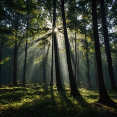 Obraz premium The surrounding trees are tall and dense, casting shadows on the ground while soft beams of light create a calm, glowing atmosphere.