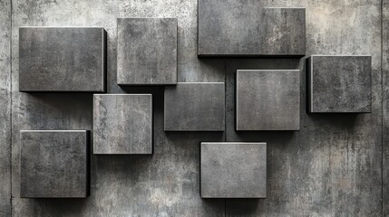Abstract arrangement of gray concrete boxes on a textured wall creating a modern and minimalist background for artistic or architectural designs