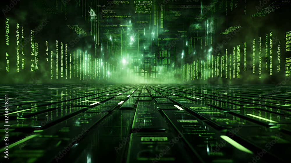 Poster green digital data stream flows downward in a futuristic cyberspace setting.