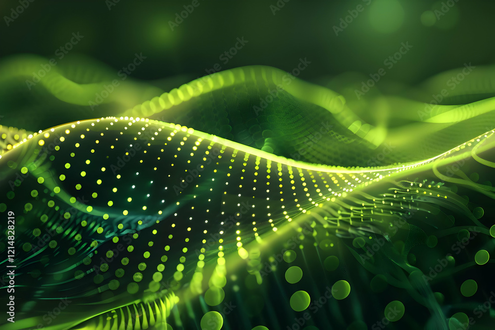 Aufkleber abstract green wave background flows smoothly with glowing particles and bokeh effects