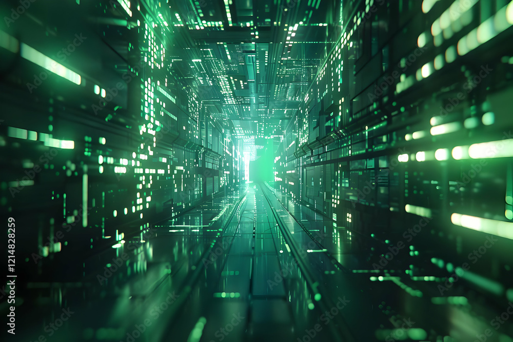 Poster futuristic green corridor illuminates digital data flow within a technological space.