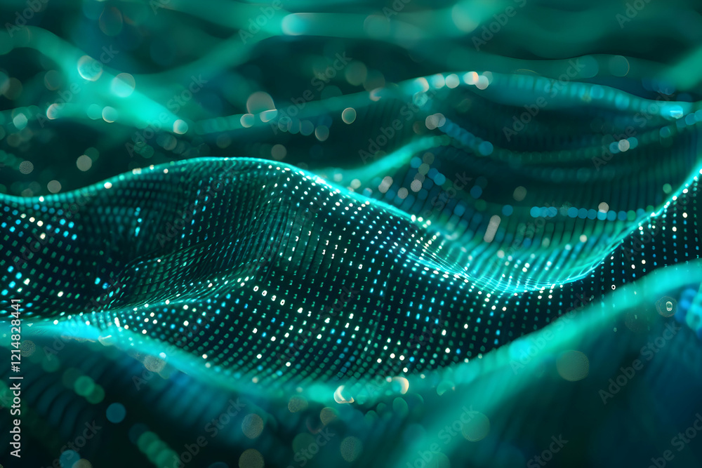 Poster abstract 3d teal digital wave flows smoothly with glowing particles and bokeh effects.