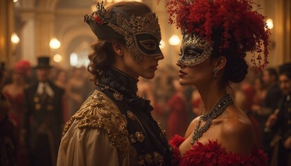 Couple in masquerade masks at a ball. Concept of elegance, mystery, and romance.