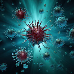 Digital illustration of viruses in blue and teal background, showcasing their intricate structures and details. image conveys sense of microscopic exploration and scientific discovery