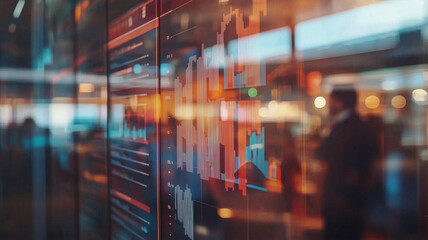 Data visualization on digital screen in modern office environment, showcasing colorful graphs and charts that represent business analytics and trends