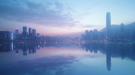 Obraz premium Futuristic Skyscrapers Reflected in Serene Harbor: A Cinematic Display of Ultra-Detailed Urban Symmetry