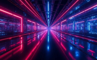 Fototapeta premium Neon Technology Corridor, Deep blues and reds creating movement towards tech innovation, ideal for tech trend publications