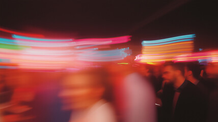 Blurred motion of people at vibrant night event with colorful lights creating lively atmosphere. dynamic scene captures energy and excitement of nightlife