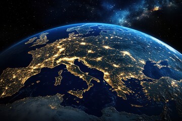 Obraz premium Night view of Europe, lit cities, space background, global map