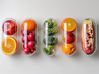 A collection of vitamin and mineral pills containing various fruits and vegetables. Healthy dietary choices for maintaining a balanced lifestyle.