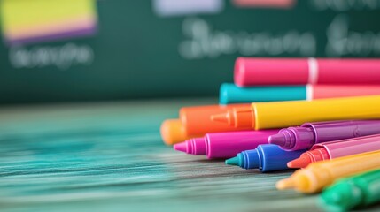 A close-up of colorful markers and papers on a school desk with a celebratory vibe and clear copy space