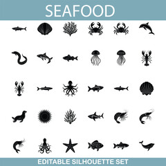 Editable Seafood Silhouette Set Fish, Shellfish, and Marine Life