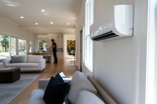 A contemporary living space features clean lines and stylish furniture, showcasing a warm environment with an air conditioning unit, perfect for modern lifestyles.