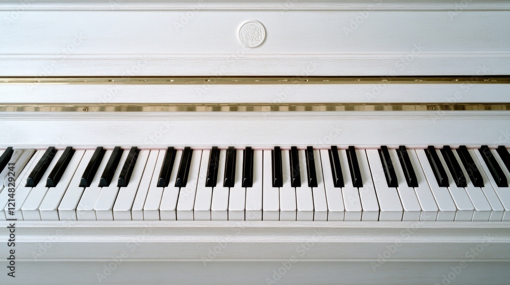Poster this is a close-up view of a white grand piano. it features the keyboard and keys clearly visible.