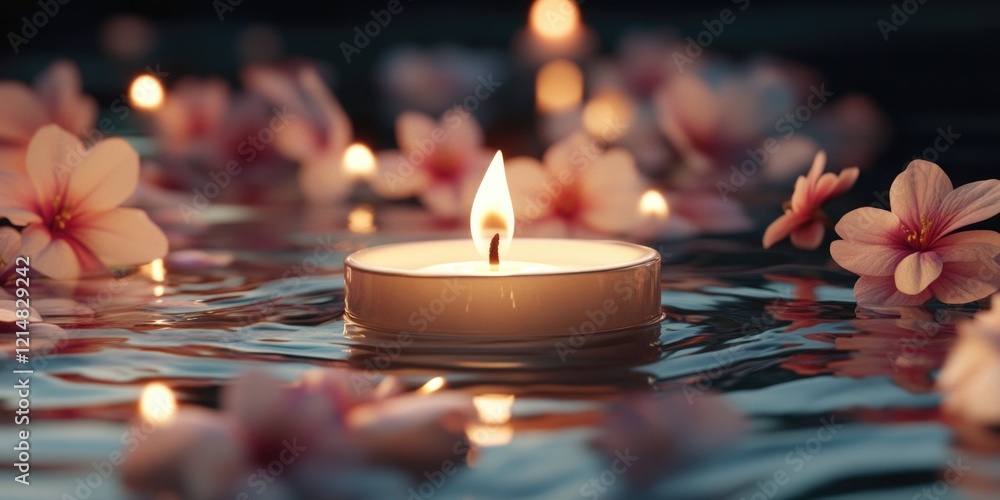Poster serene and romantic scene with floating candles reflecting in the water, creating a tranquil atmosph