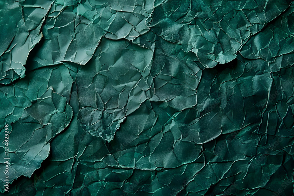 Poster dark green crumpled paper texture forms an abstract background with intriguing folds and creases.
