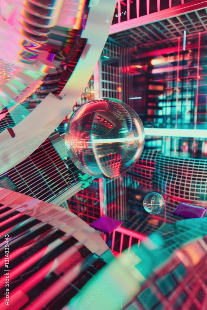 Poster red and purple futuristic setting with floating objects