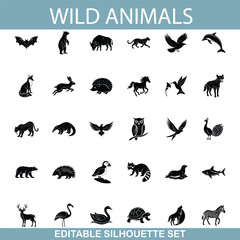 Editable Wild Animal Silhouettes Mammal, Bird, Reptile Icons Set © Bappaditya Roy