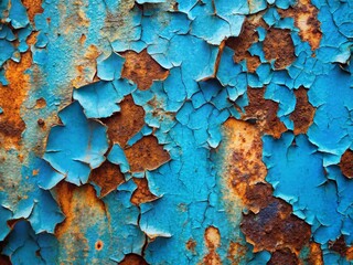 Cracked Blue Metal Texture: Rust, Peeling Paint, Close-up Background