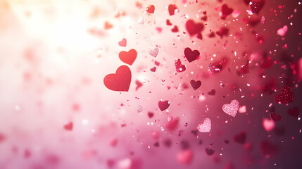 Obraz premium Romantic Valentine's Day background with pink glitter hearts falling on a soft pink background. Perfect for love, romance, and celebration themes.