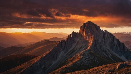 Naklejka premium Majestic Mountain Silhouette: A lone mountain peak, bathed in the fiery hues of a dramatic sunset, stands tall against a backdrop of rolling hills and an awe-inspiring sky. The clouds.