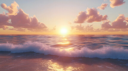 Serene sunset over the ocean with gentle waves lapping the shore, picturesque pink clouds.