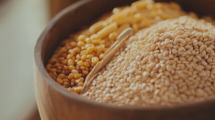 Close-up of natural grains, corn, and legumes in a wooden bowl, symbolizing quality animal feed choices.