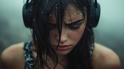 Naklejka premium A close-up of a young woman with wet hair and headphones, surrounded by rain. This image conveys solitude, music immersion, and emotional depth. Ideal for lifestyle and music themes.