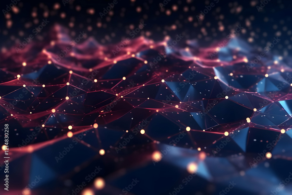 Poster abstract 3d rendered background with triangular network and glowing particles in purple and blue
