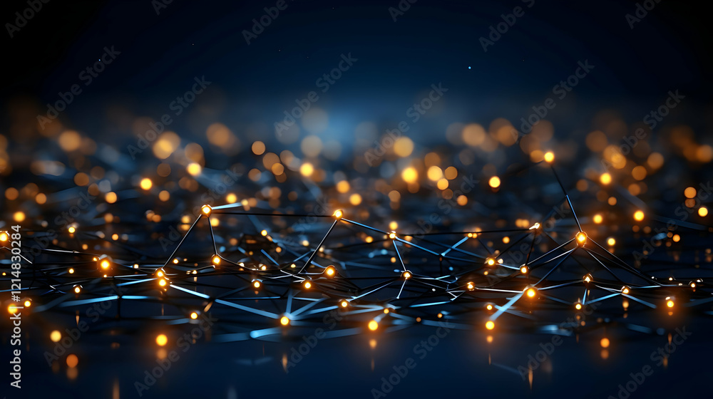 Poster abstract 3d network connects glowing nodes in a dark, digital landscape forming a complex web of dat