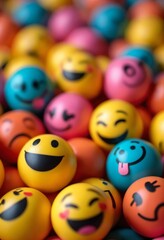 Colorful close up of diverse emoji balls showcasing a range of emotions for vibrant displays