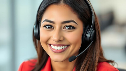 Retrato, call center latinoamericana mujer consultoría con auriculares para el servicio al cliente, ayuda o telemarketing.