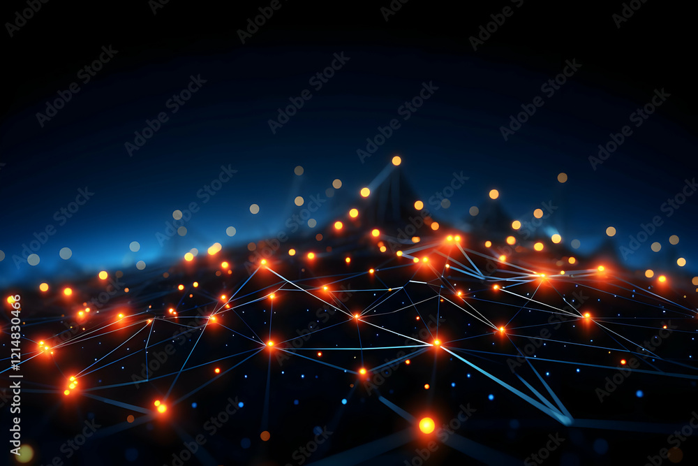 Poster abstract 3d network visualization connects glowing nodes forming a dynamic digital landscape.