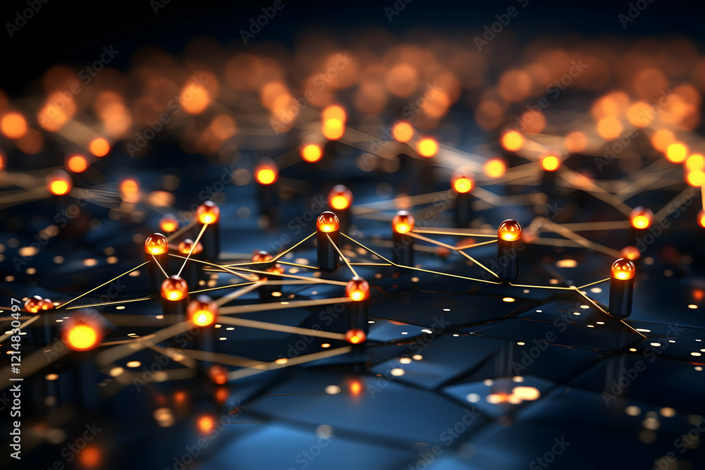 Poster abstract 3d render of glowing nodes connected by golden lines on a dark surface illustrates a networ