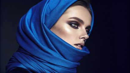 A dramatic image where a deep blue neon scarf is wrapped stylishly around the models head partially obscuring her mouth and chin. The rich color contrasts with her pale complexion